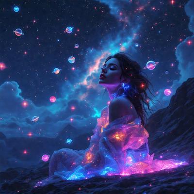 The primary subject of the image is a woman sitting on a rocky surface, surrounded by a beautiful night sky filled with stars. The setting appears to be a natural environment, with the woman being the main focus of the scene. The visual style of the image is a combination of photo and digital art, creating a surreal and dreamy atmosphere. The colors and mood of the image are predominantly dark and moody, with the woman's presence and the night sky providing a sense of mystery and wonder.